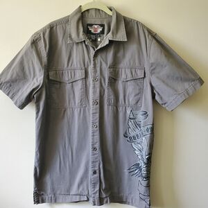 Harley Davidson Shirt Men's M Button Up Short Sleeve Collared Gray 100% Cotton